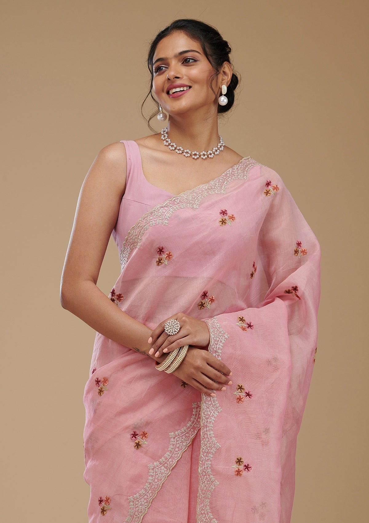 Pink Threadwork Tissue Saree-Koskii