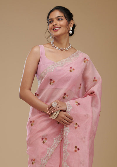 Pink Threadwork Tissue Saree-Koskii