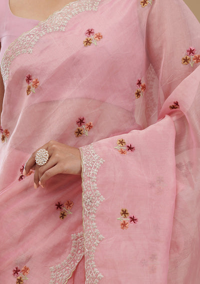 Pink Threadwork Tissue Saree-Koskii