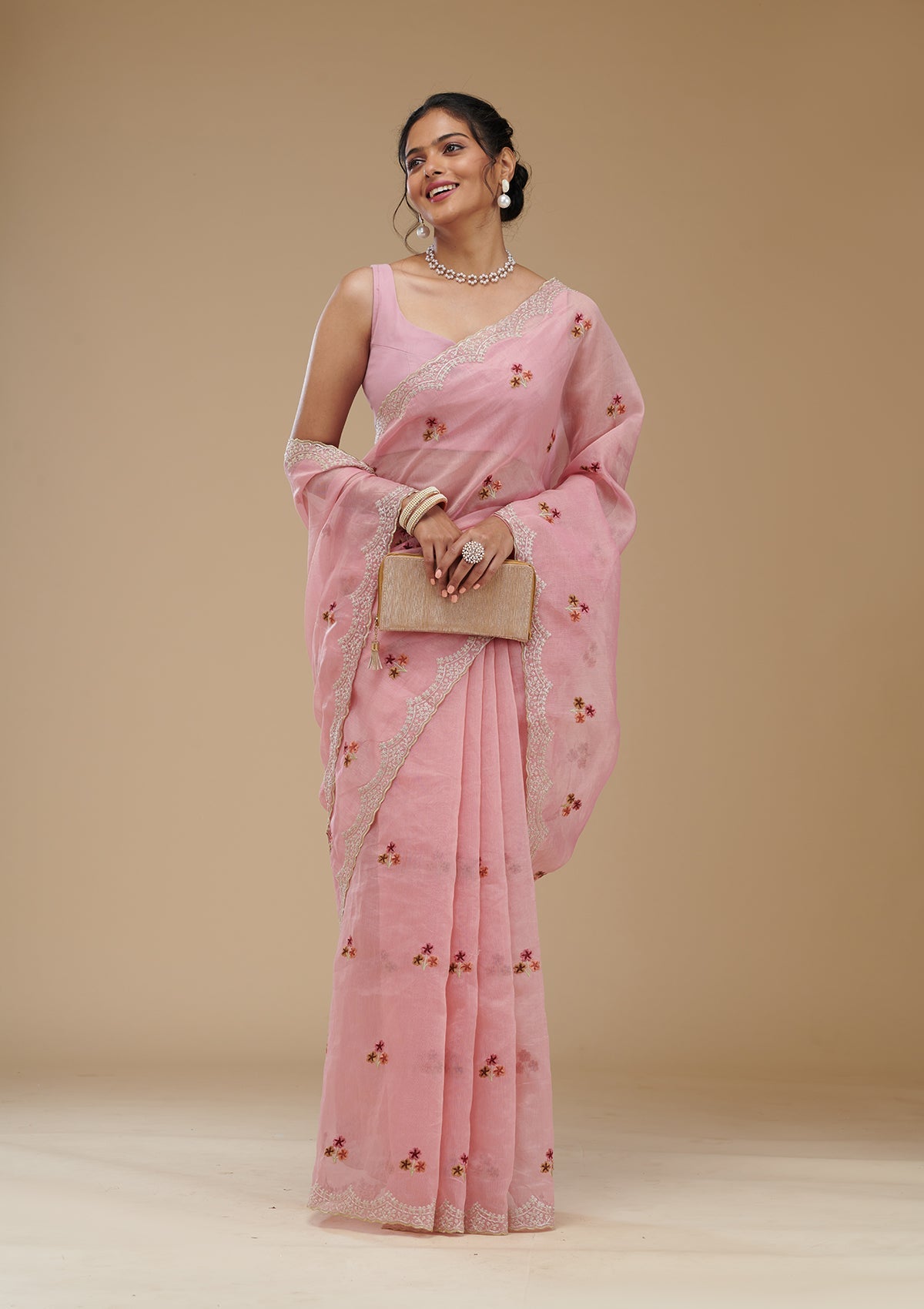 Pink Threadwork Tissue Saree-Koskii