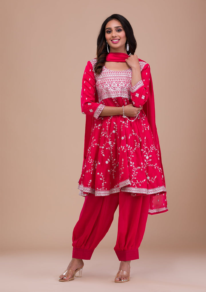 Pink Zariwork Art Silk Readymade Sharara Kameez
