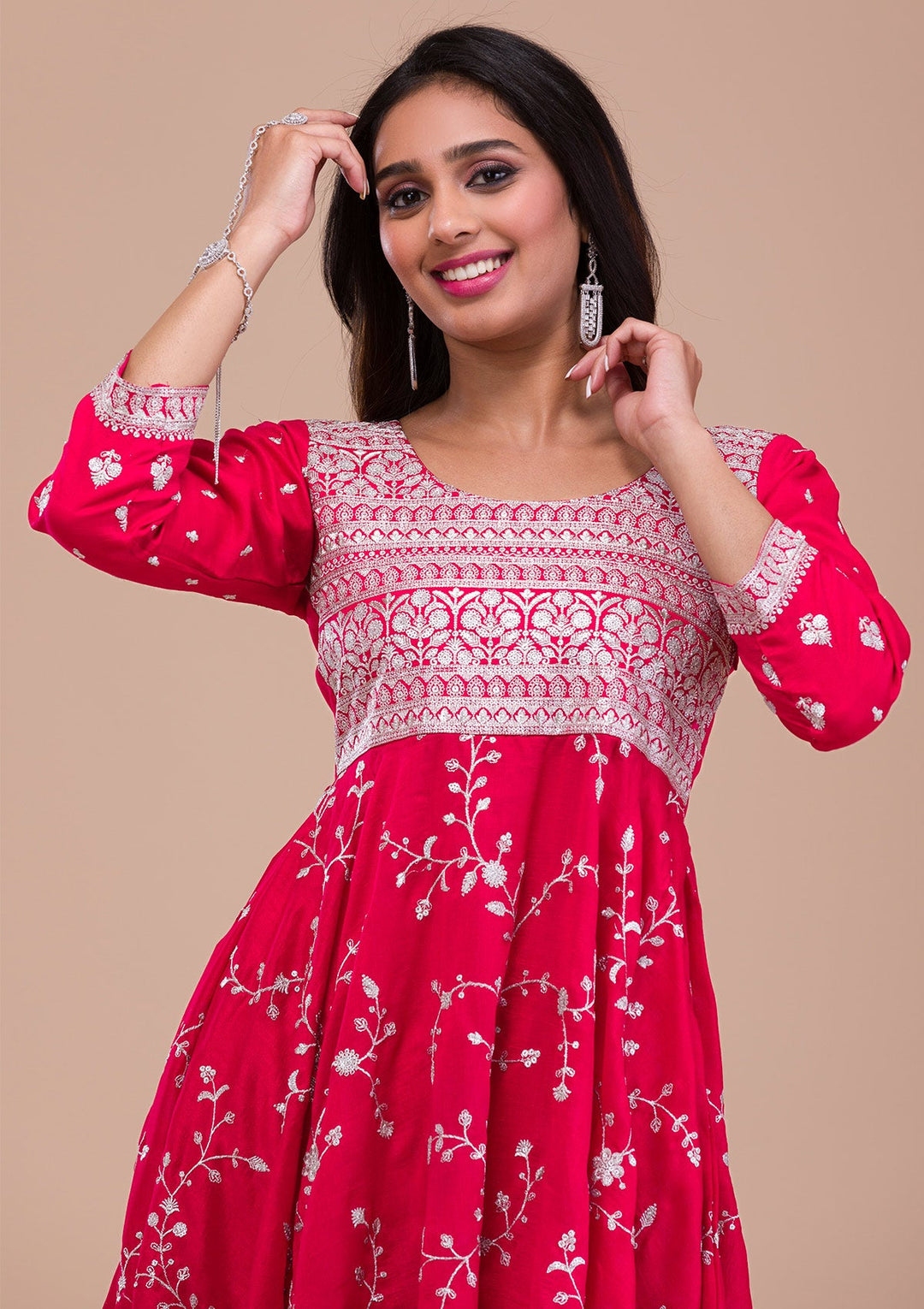 Pink Zariwork Art Silk Readymade Sharara Kameez