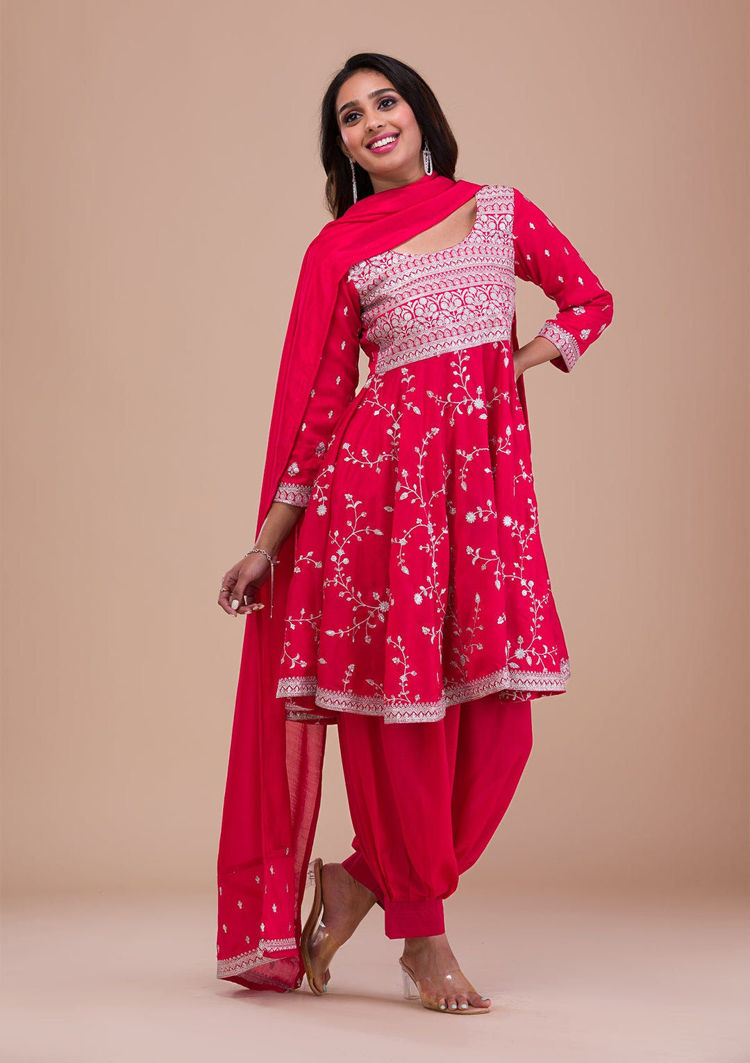 Pink Zariwork Art Silk Readymade Sharara Kameez