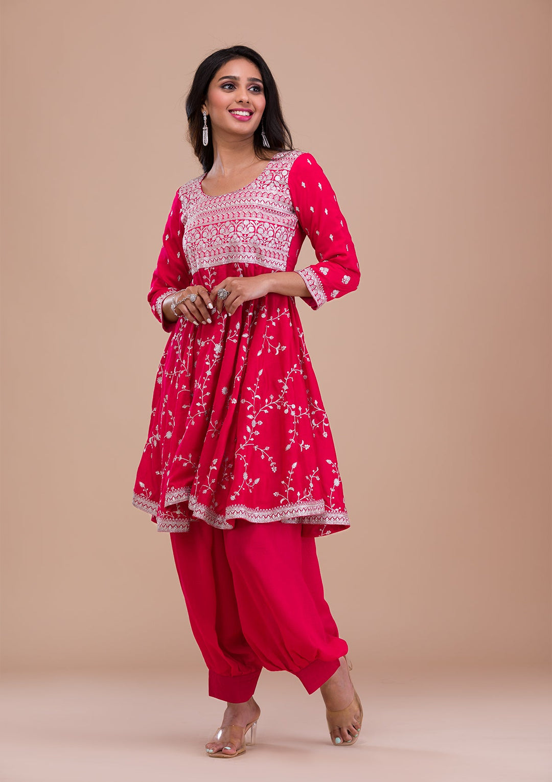 Pink Zariwork Art Silk Readymade Sharara Kameez