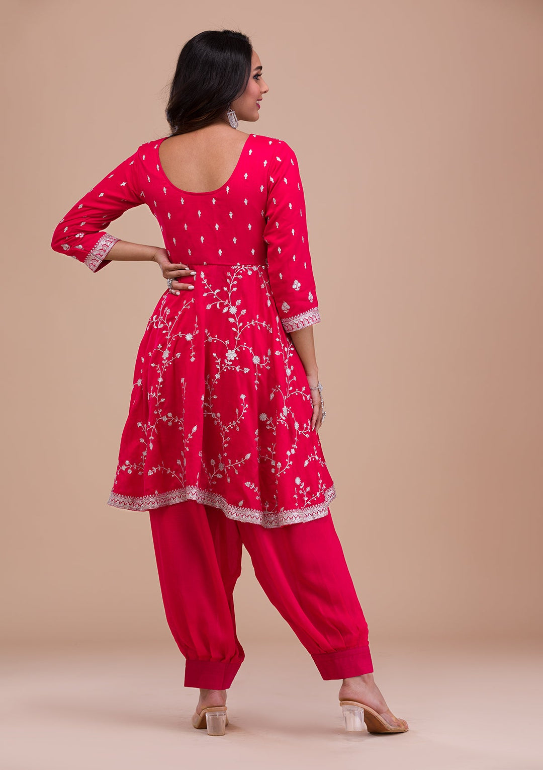 Pink Zariwork Art Silk Readymade Sharara Kameez