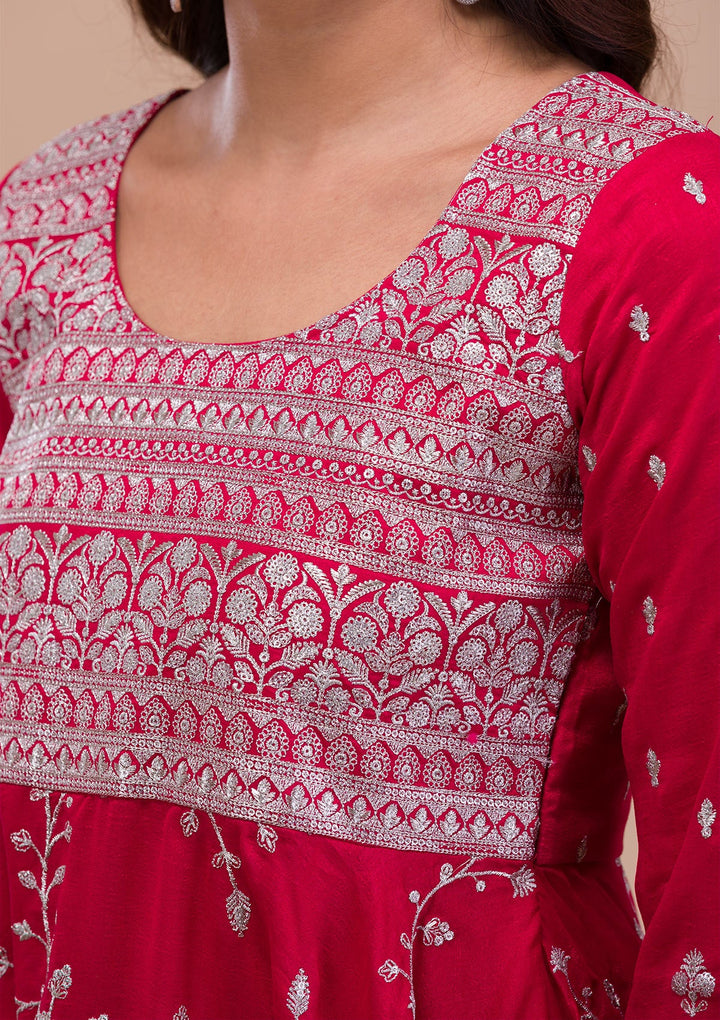 Pink Zariwork Art Silk Readymade Sharara Kameez