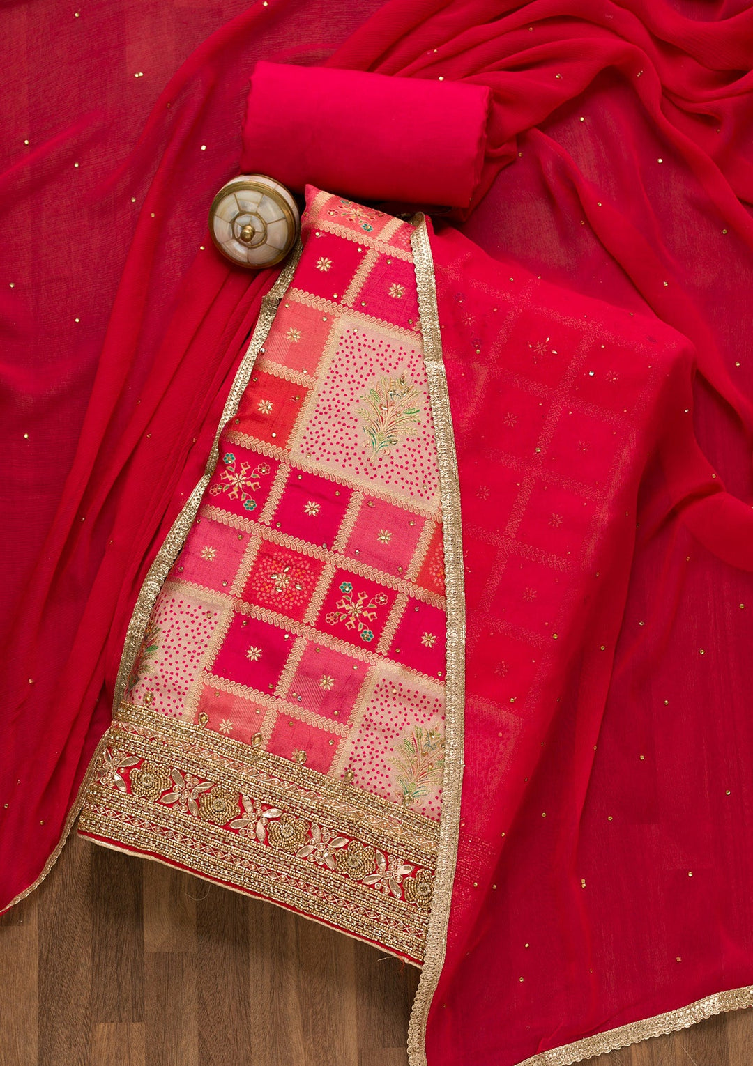 Pink Zariwork Art Silk Unstitched Salwar Kameez-Koskii