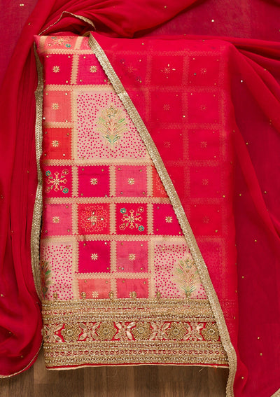 Pink Zariwork Art Silk Unstitched Salwar Kameez-Koskii