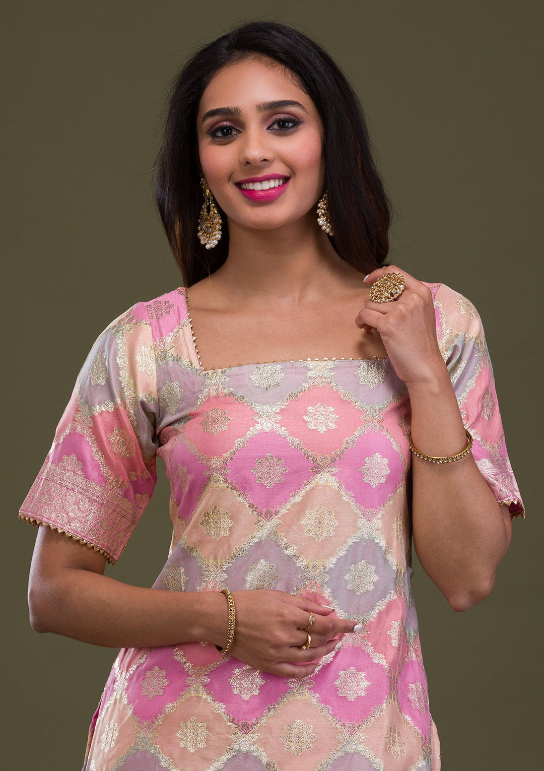 Pink Zariwork Banarasi Readymade Sharara Kameez