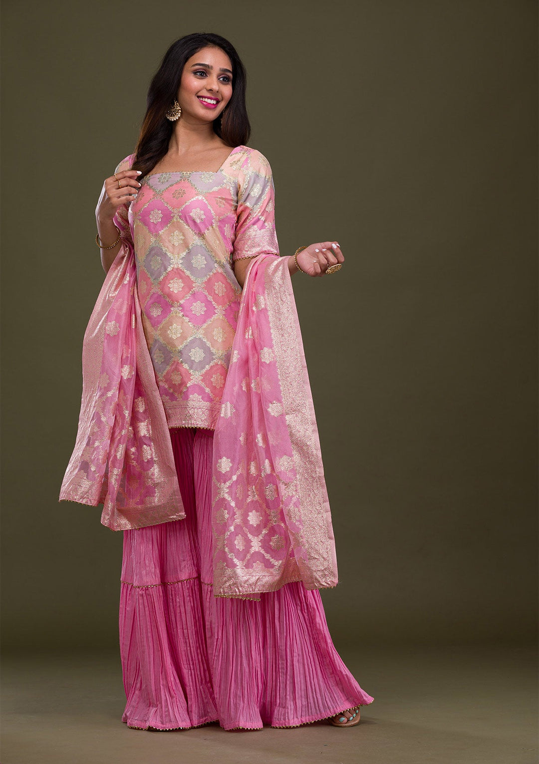 Pink Zariwork Banarasi Readymade Sharara Kameez