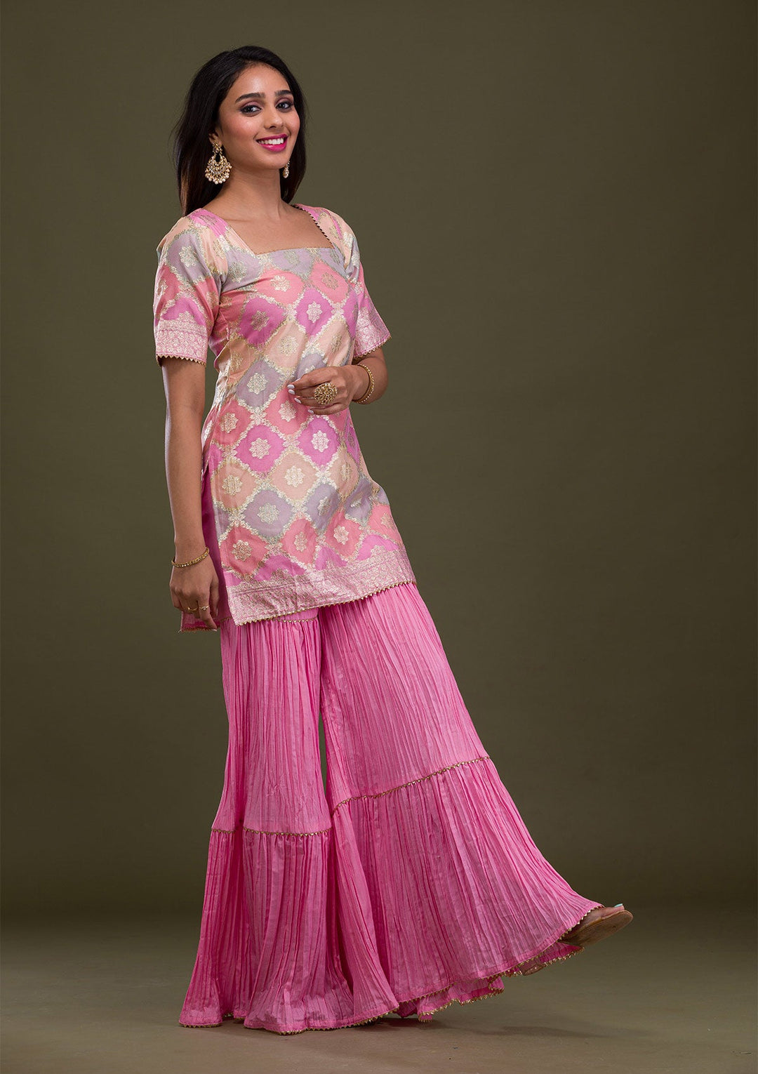 Pink Zariwork Banarasi Readymade Sharara Kameez