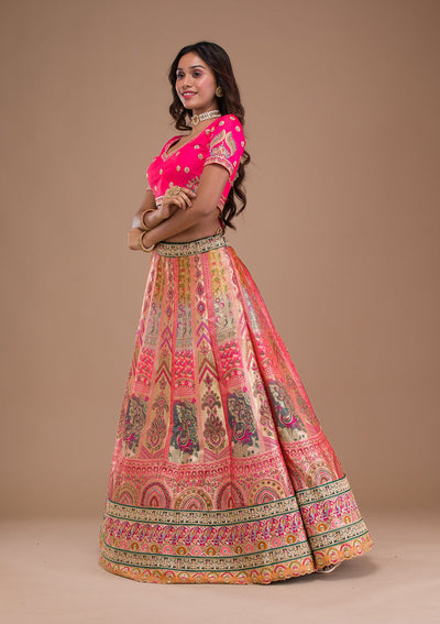 Pink Zariwork Banarasi Readymade Lehenga-Koskii