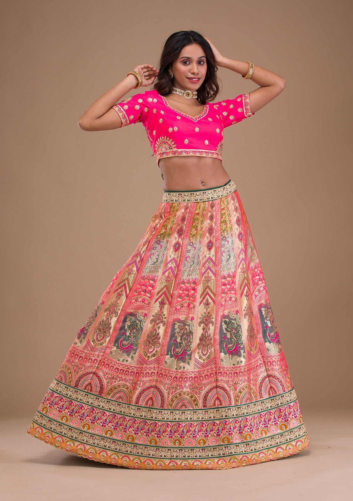 Pink Zariwork Banarasi Readymade Lehenga-Koskii