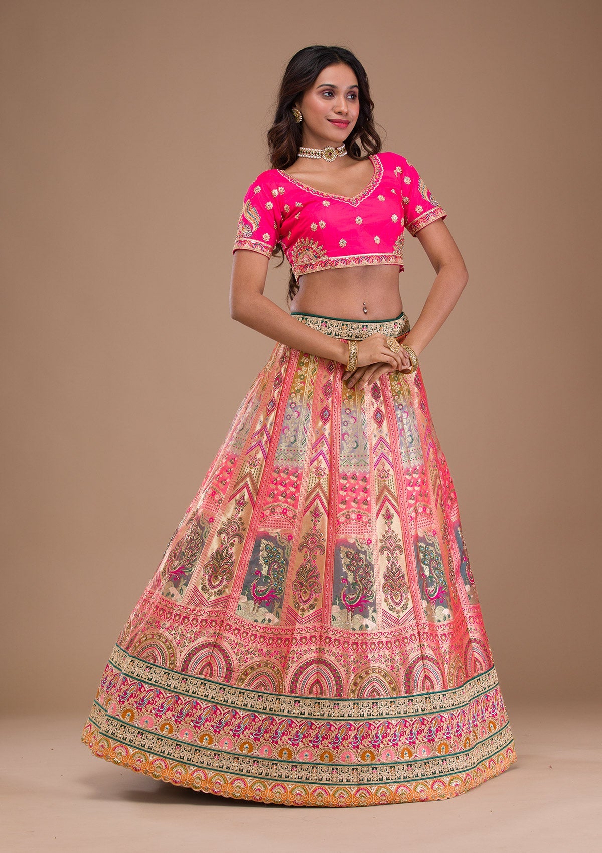 Pink Zariwork Banarasi Readymade Lehenga-Koskii