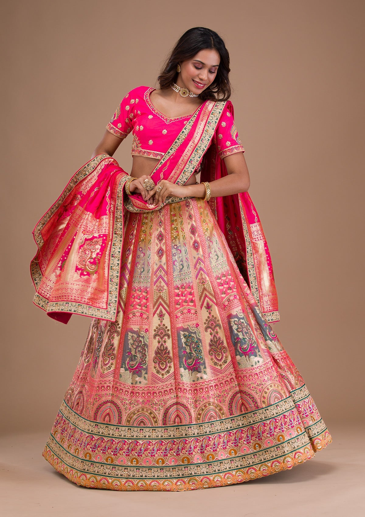 Pink Zariwork Banarasi Readymade Lehenga-Koskii