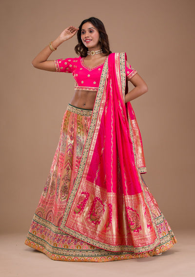 Pink Zariwork Banarasi Readymade Lehenga-Koskii