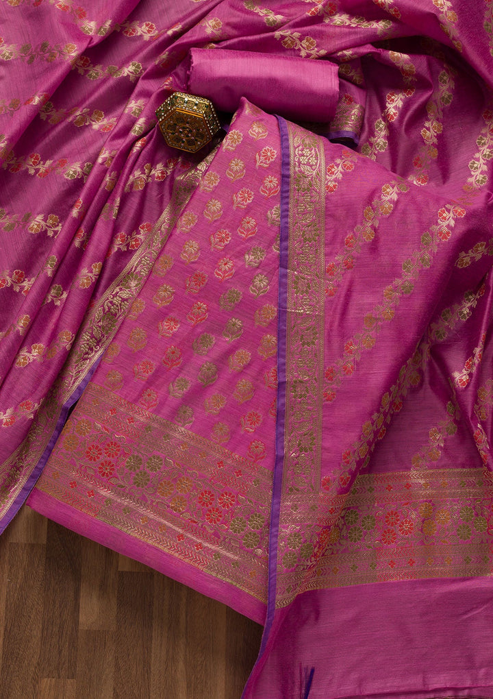 Pink Zariwork Banarasi Unstitched Salwar Suit-Koskii