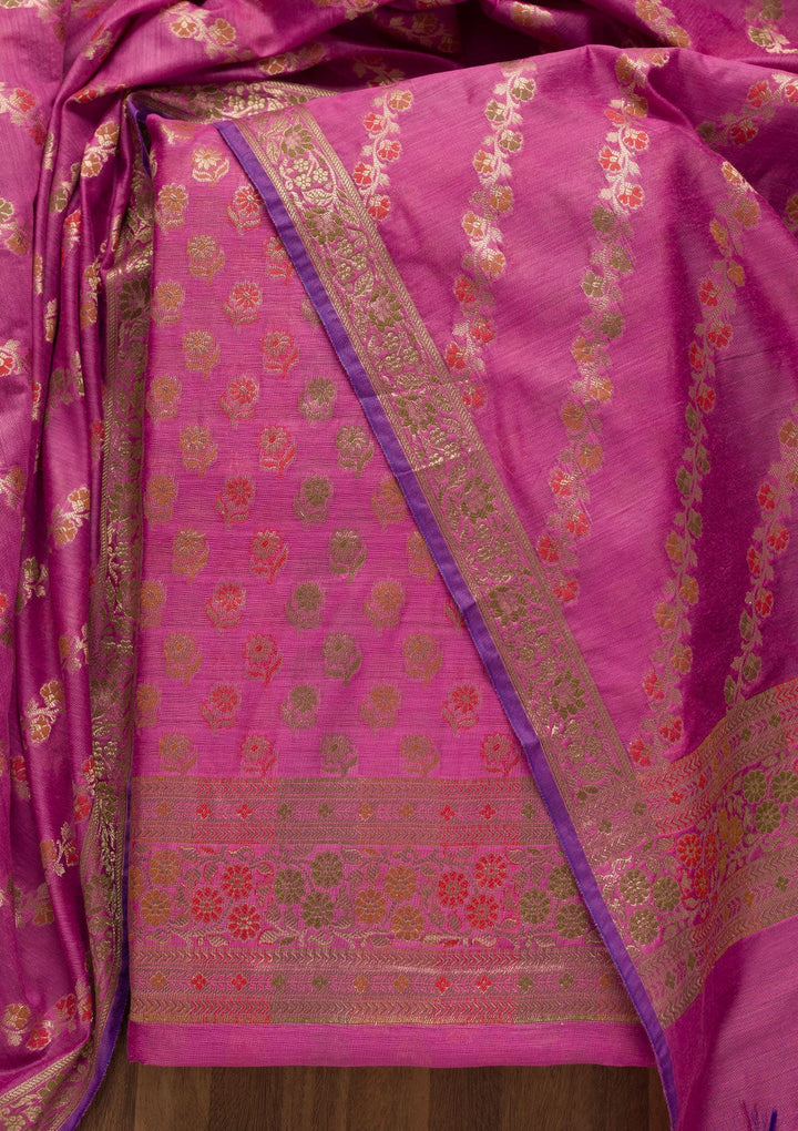 Pink Zariwork Banarasi Unstitched Salwar Suit-Koskii