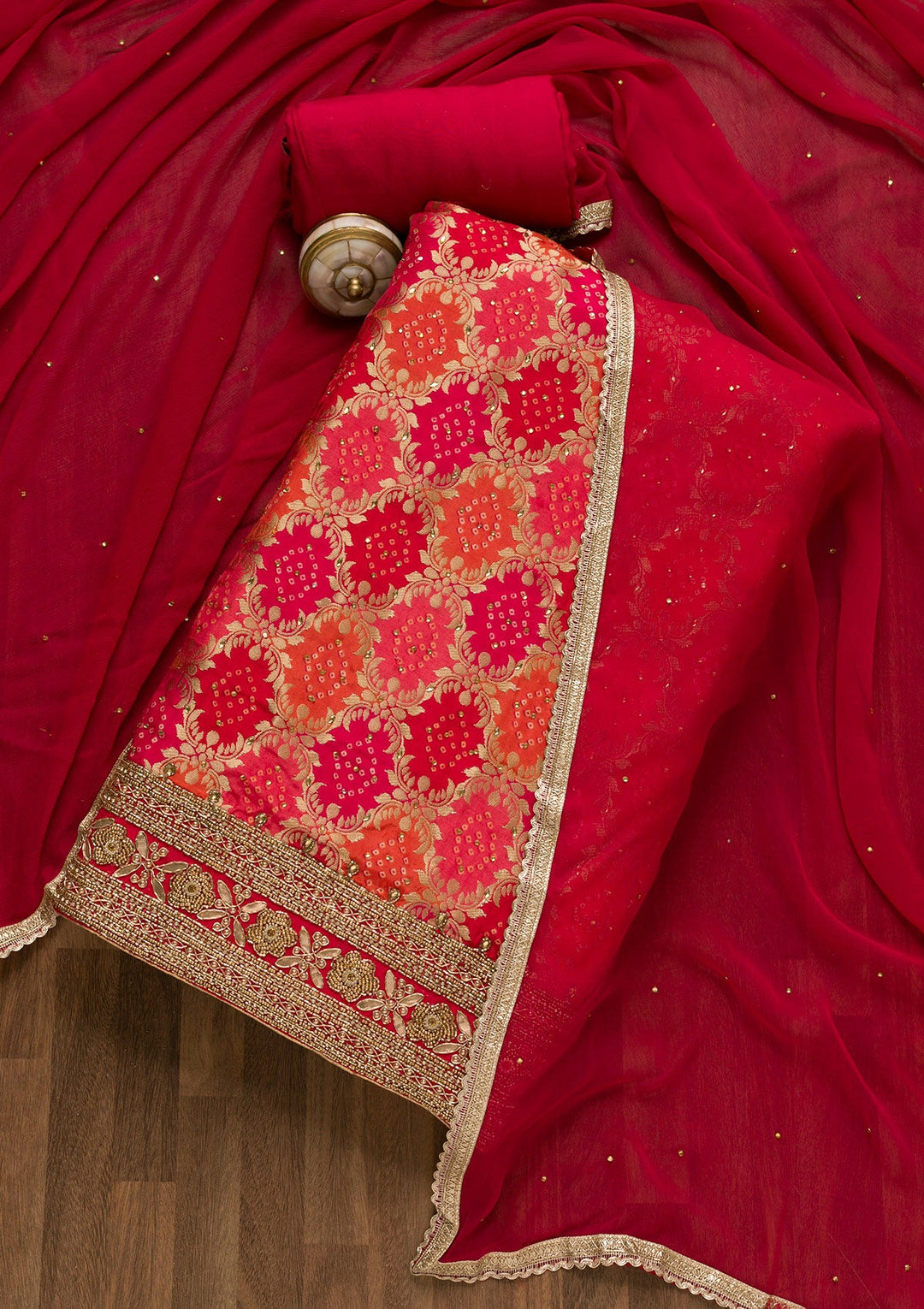 Pink Zariwork Banarasi Unstitched Salwar Kameez-Koskii