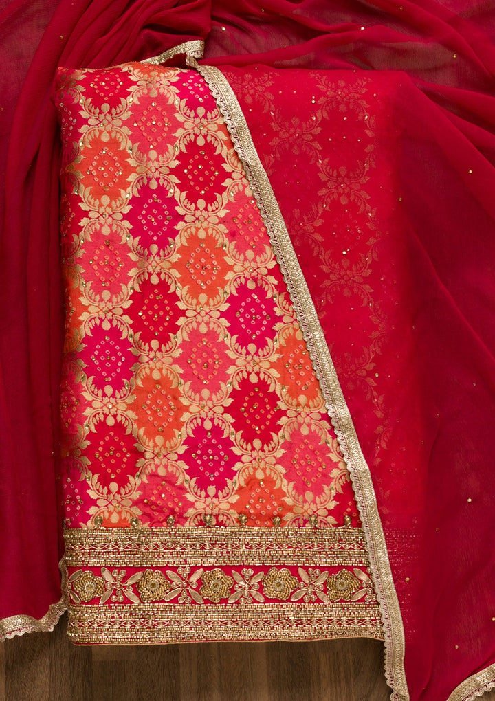 Pink Zariwork Banarasi Unstitched Salwar Kameez-Koskii