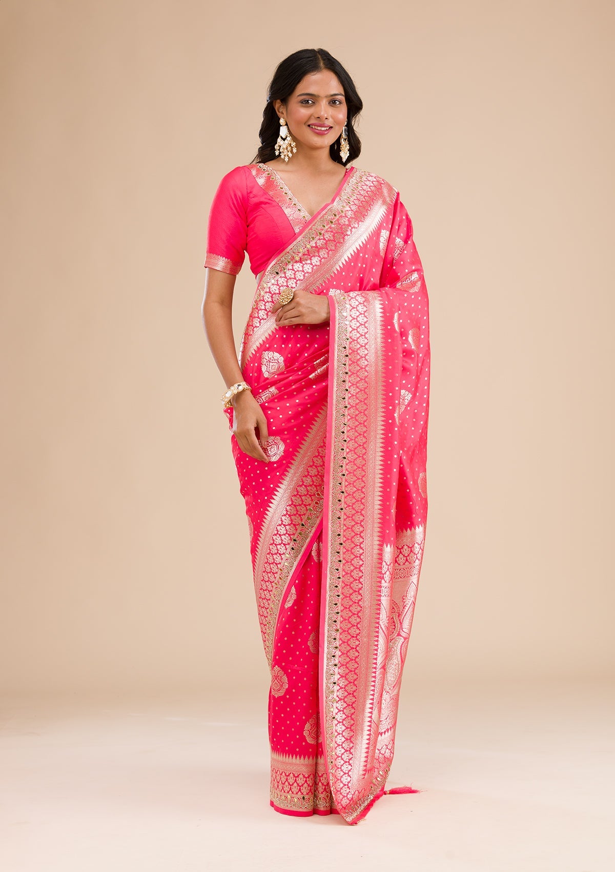 Pink Zariwork Banarasi Silk Saree-Koskii