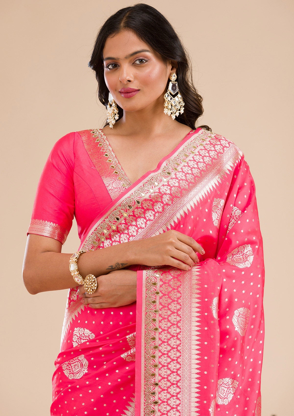 Pink Zariwork Banarasi Silk Saree-Koskii