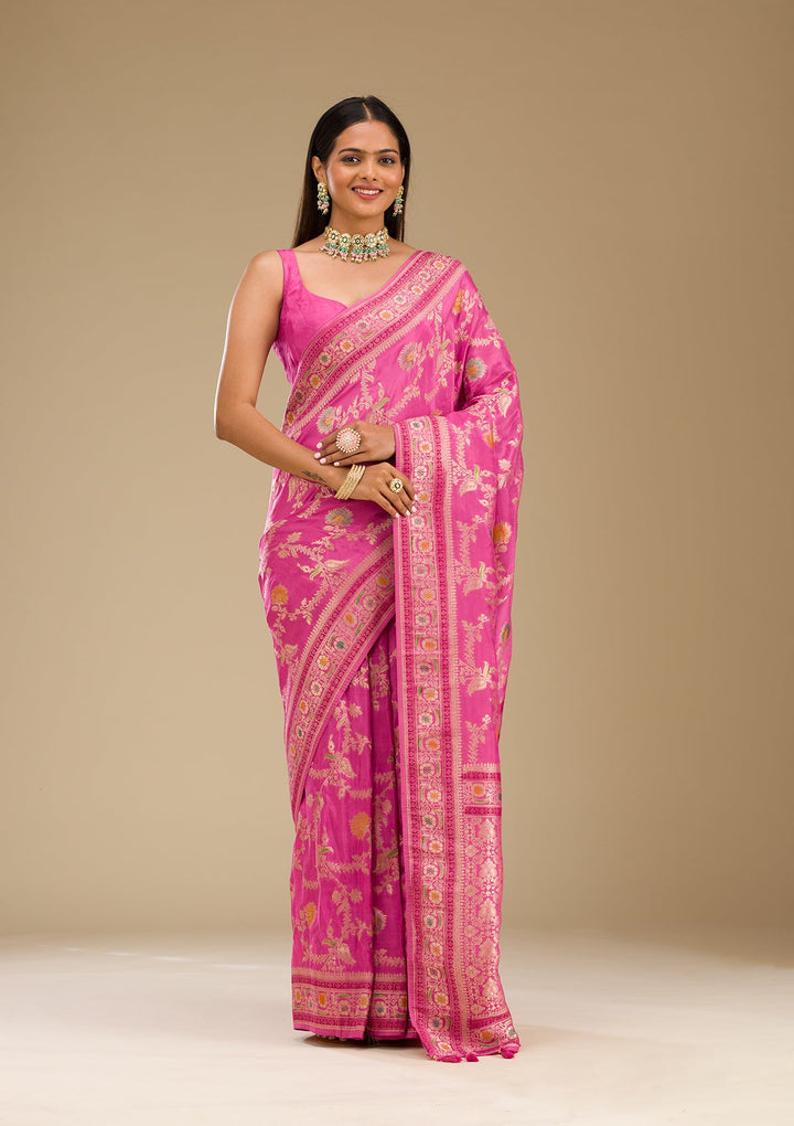 Pink Zariwork Banarasi Silk Saree-Koskii