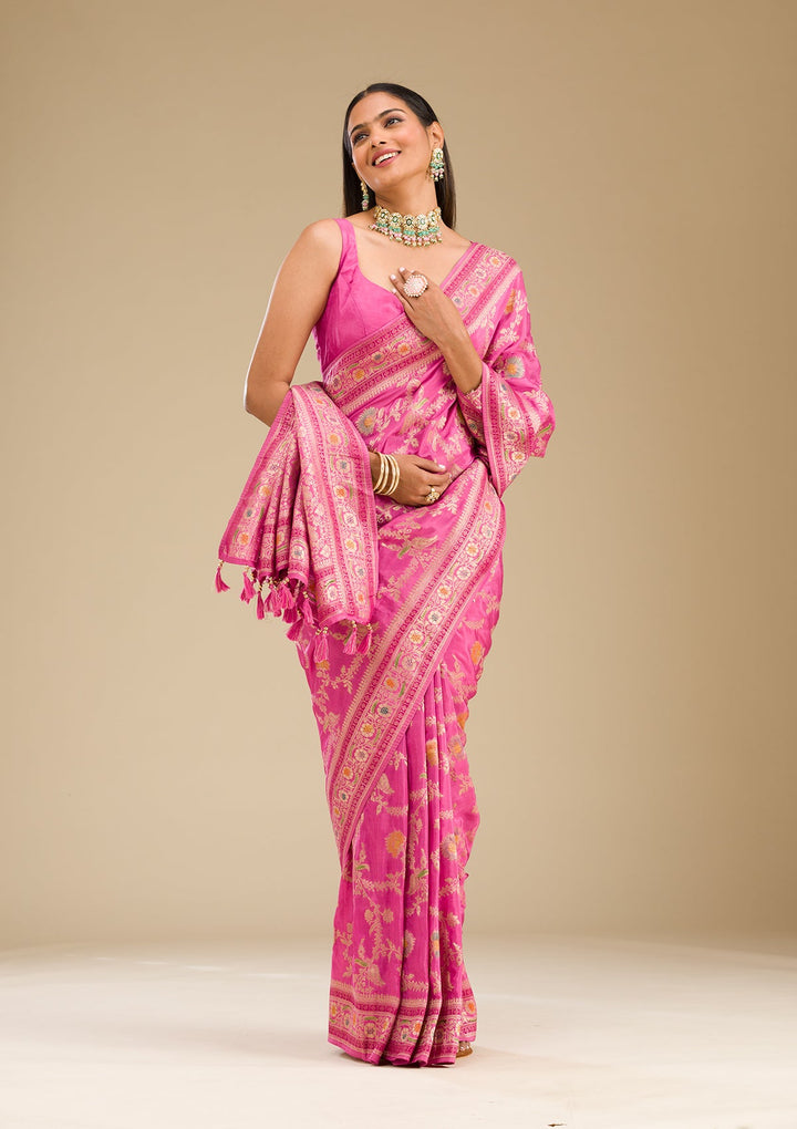 Pink Zariwork Banarasi Silk Saree-Koskii