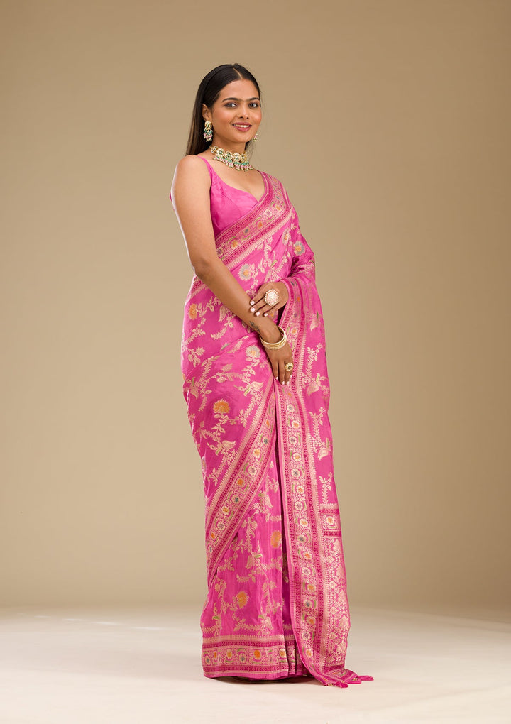 Pink Zariwork Banarasi Silk Saree-Koskii