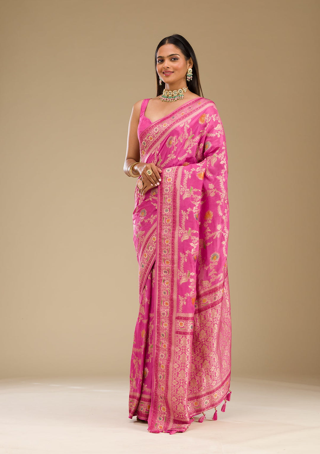 Pink Zariwork Banarasi Silk Saree-Koskii