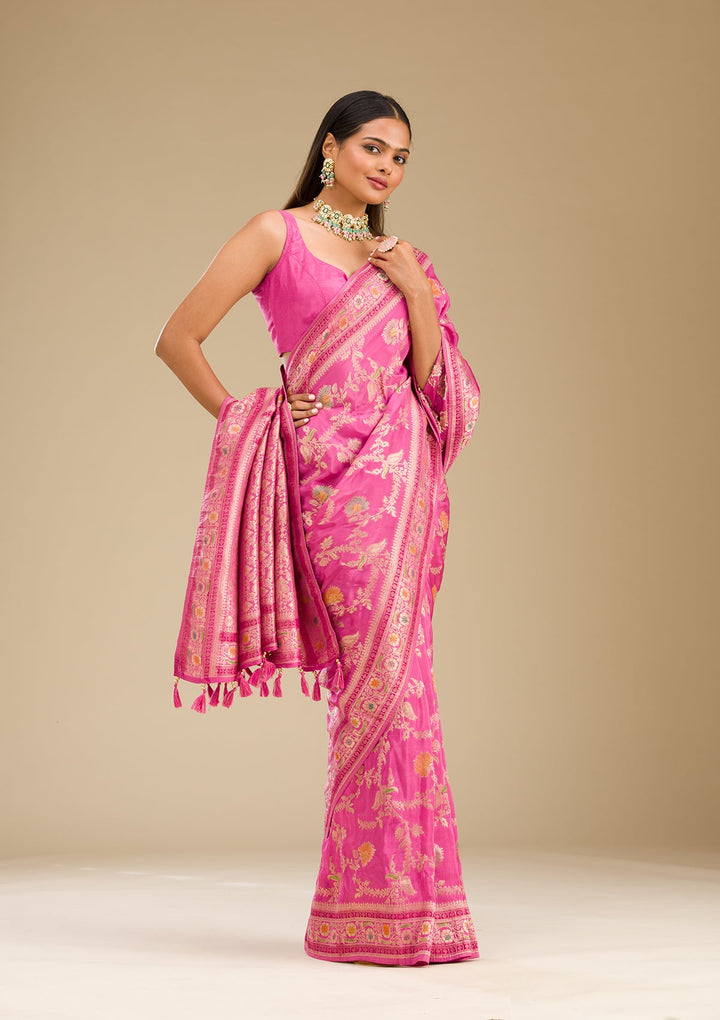 Pink Zariwork Banarasi Silk Saree-Koskii