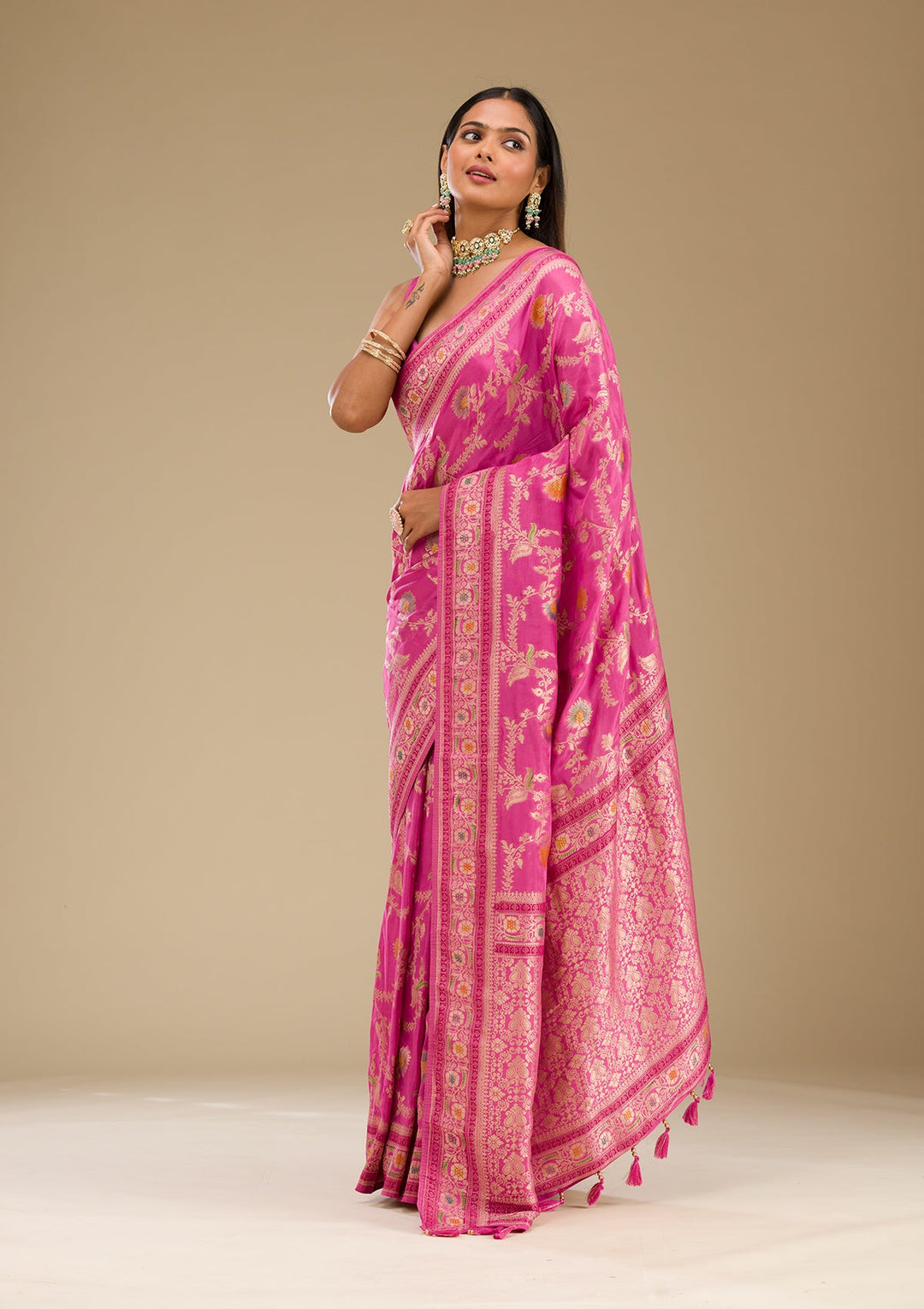 Pink Zariwork Banarasi Silk Saree-Koskii