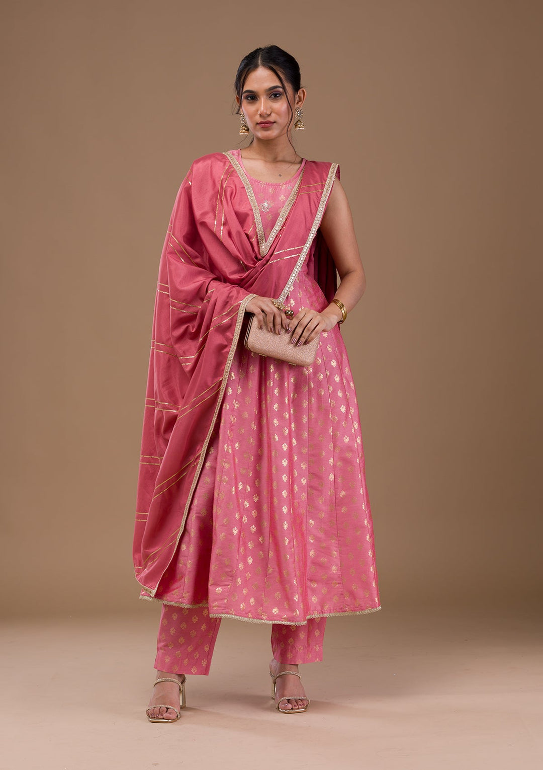 Pink Zariwork Chanderi Readymade Salwar Suit-Koskii
