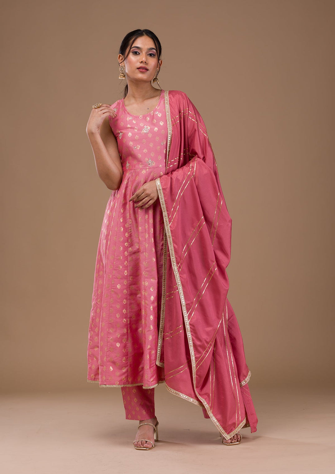 Pink Zariwork Chanderi Readymade Salwar Suit-Koskii