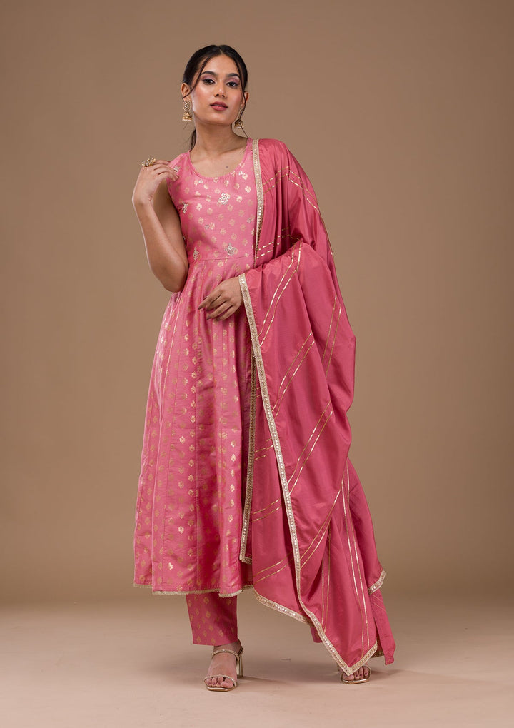 Pink Zariwork Chanderi Readymade Salwar Suit-Koskii