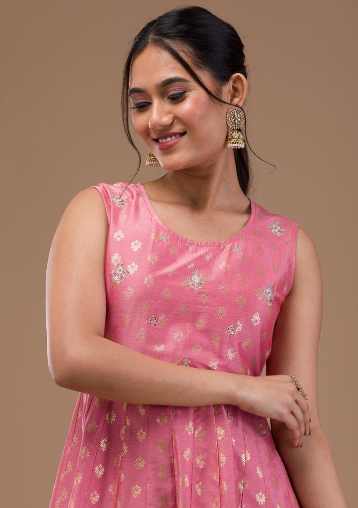 Pink Zariwork Chanderi Readymade Salwar Suit-Koskii