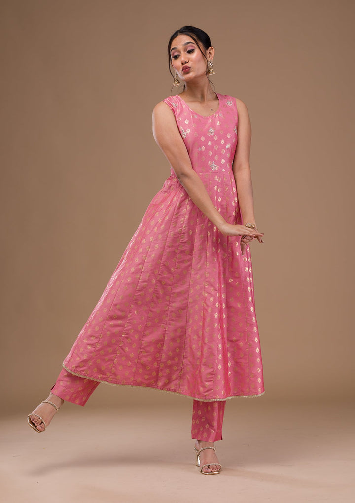 Pink Zariwork Chanderi Readymade Salwar Suit-Koskii