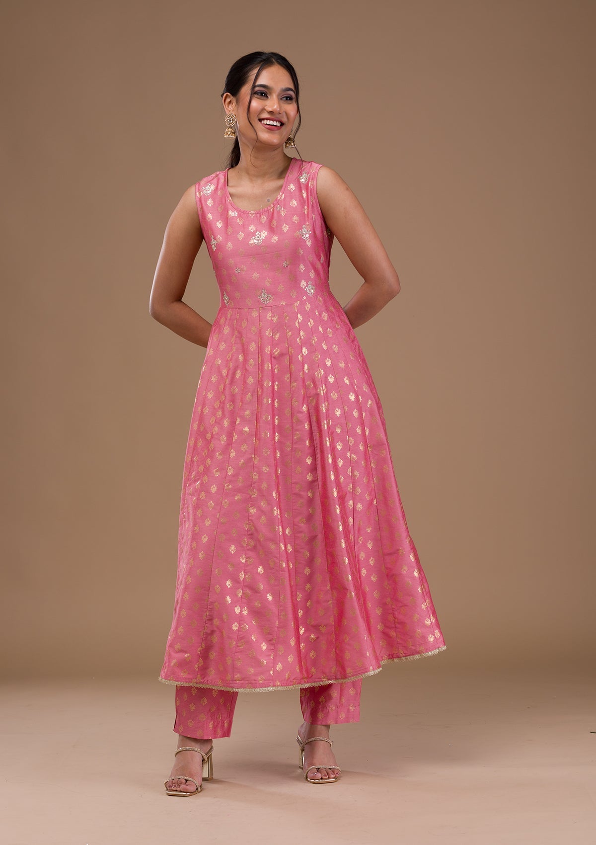 Pink Zariwork Chanderi Readymade Salwar Suit-Koskii