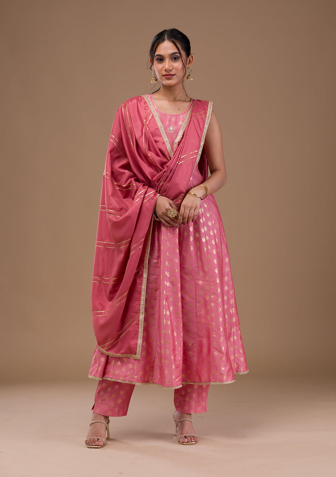 Pink Zariwork Chanderi Readymade Salwar Suit-Koskii
