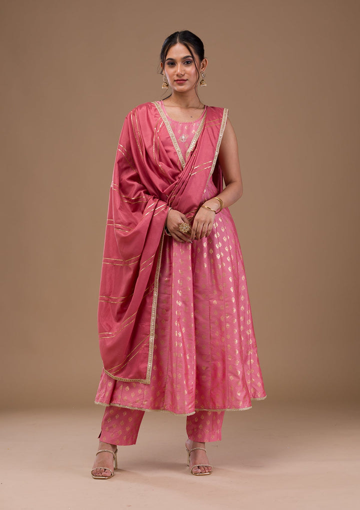 Pink Zariwork Chanderi Readymade Salwar Suit-Koskii