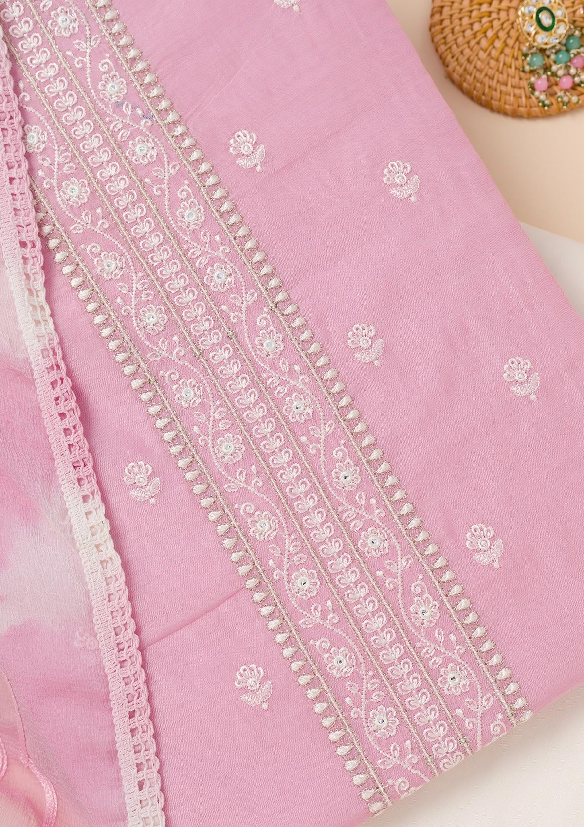 Pink Zariwork Chanderi Unstitched Salwar Suit-Koskii
