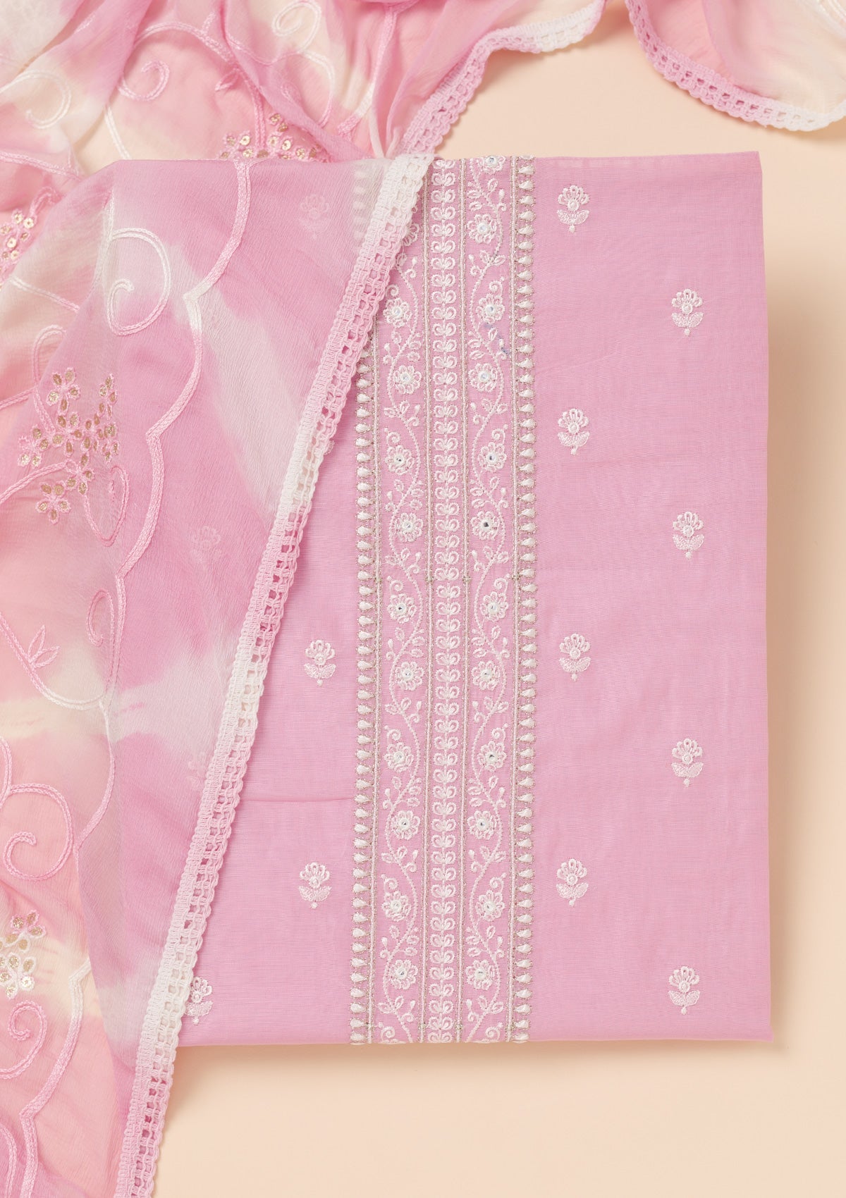 Pink Zariwork Chanderi Unstitched Salwar Suit-Koskii