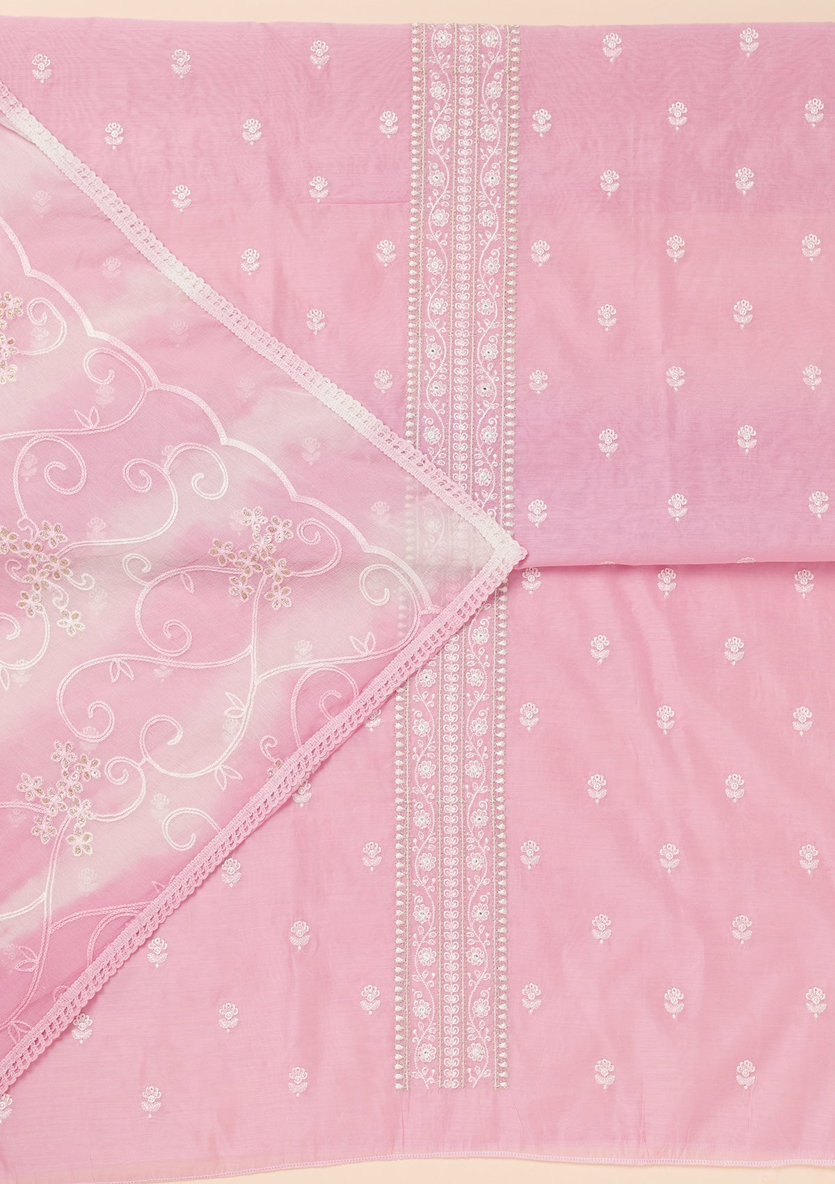 Pink Zariwork Chanderi Unstitched Salwar Suit-Koskii