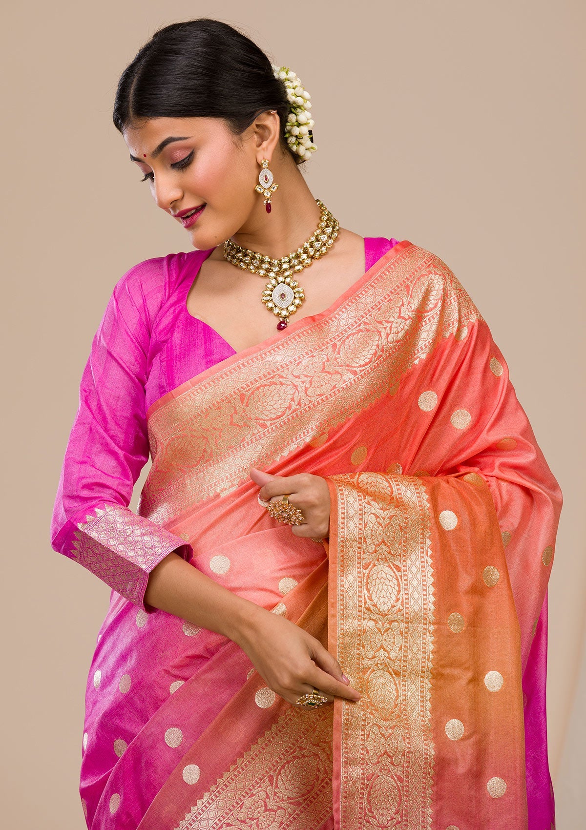 Pink Zariwork Chanderi Saree-Koskii