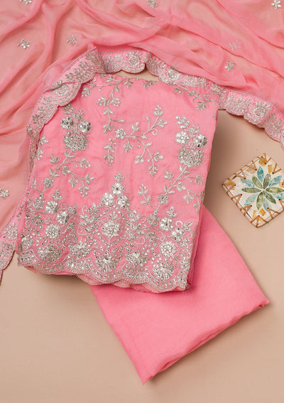 Pink Zariwork Crepe Unstitched Salwar Suit-Koskii