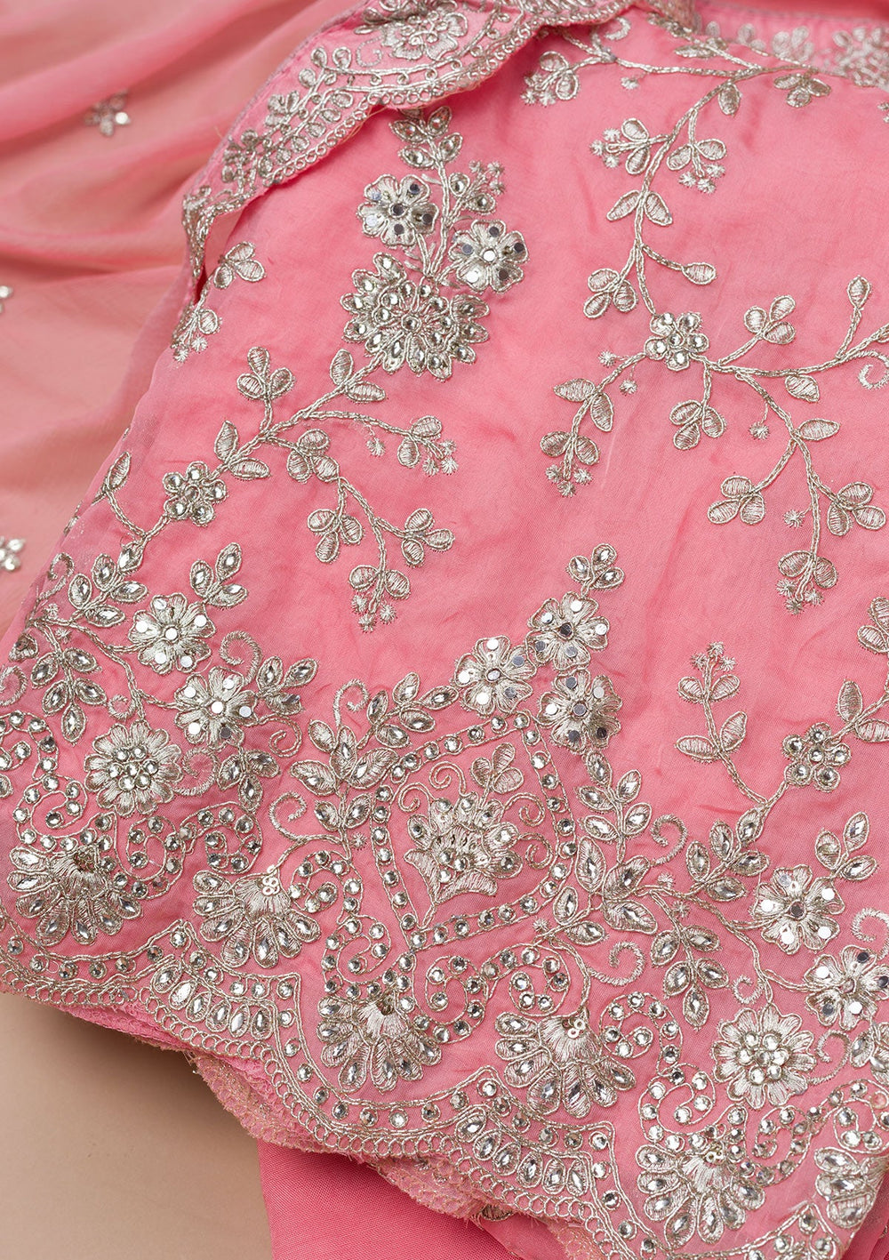 Pink Zariwork Crepe Unstitched Salwar Suit-Koskii