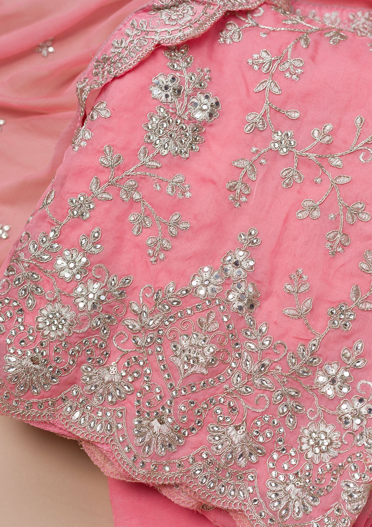 Pink Zariwork Crepe Unstitched Salwar Suit-Koskii