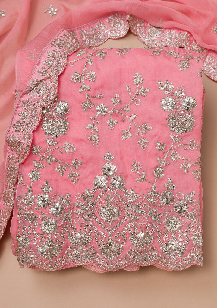 Pink Zariwork Crepe Unstitched Salwar Suit-Koskii