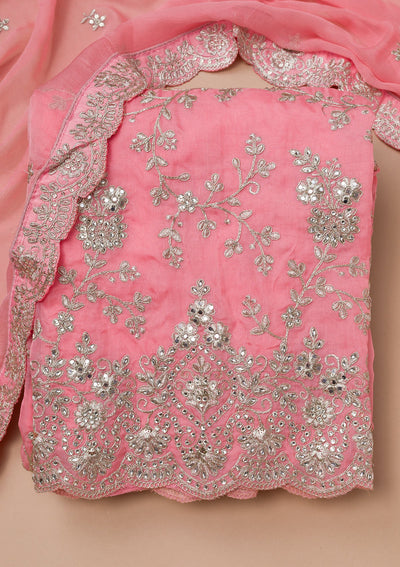 Pink Zariwork Crepe Unstitched Salwar Suit-Koskii