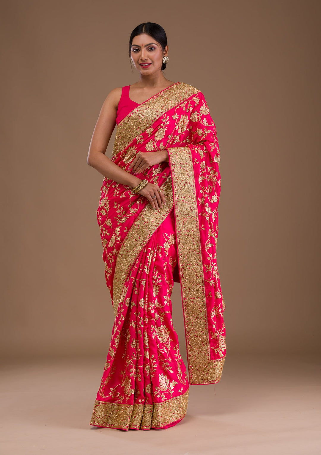 Pink Zariwork Crepe Saree-Koskii